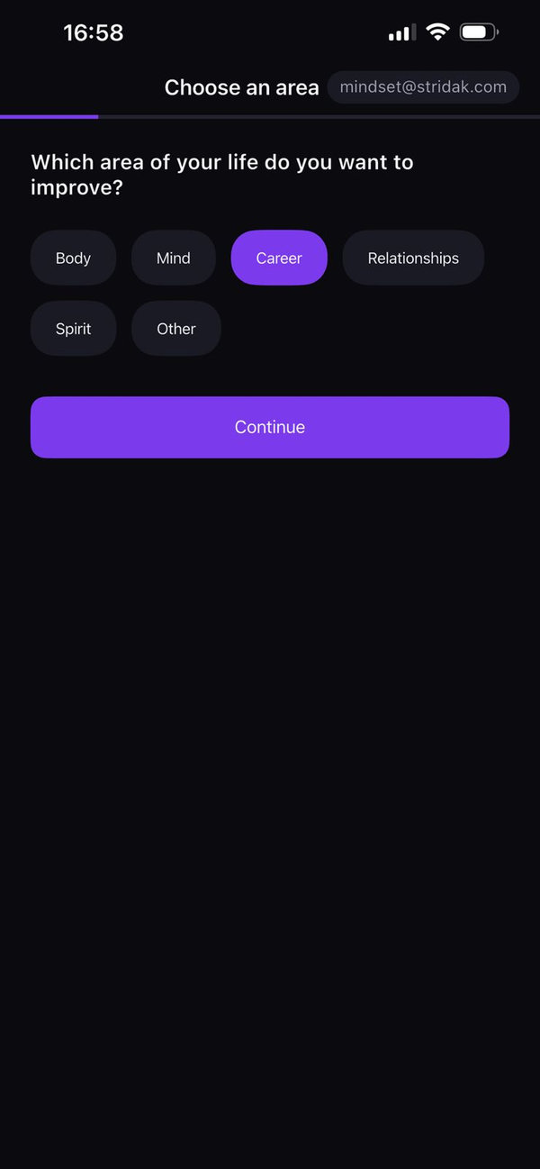 Area selection screen with options like Body, Mind, Career, Relationships, Spirit