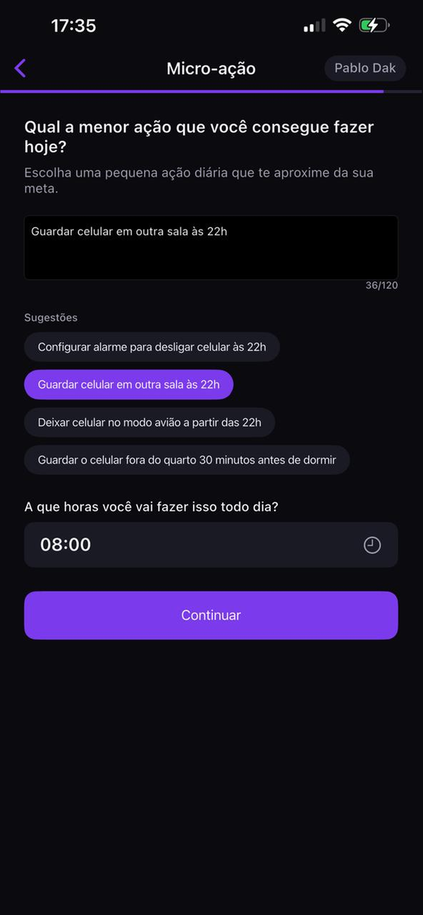 Micro-ações sugeridas por IA com seletor de horário