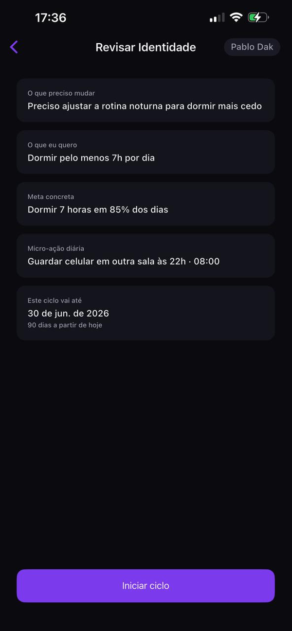 Tela de revisão de identidade mostrando visão, obstáculo, meta e resumo da micro-ação