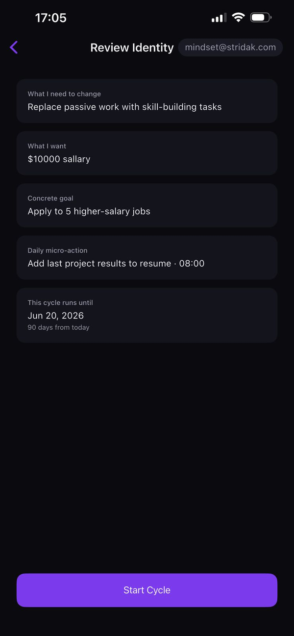 Identity review screen showing vision, obstacle, goal, and micro-action summary